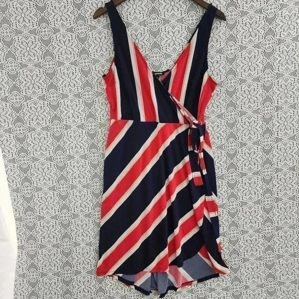 Express Striped Wrap High Low Stretched  Mini Tank Dress L